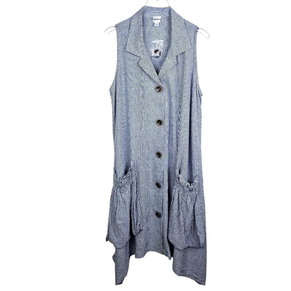 For Cynthia Blue & White Striped Linen Blend Sleeveless Lagenlook Dress NWT